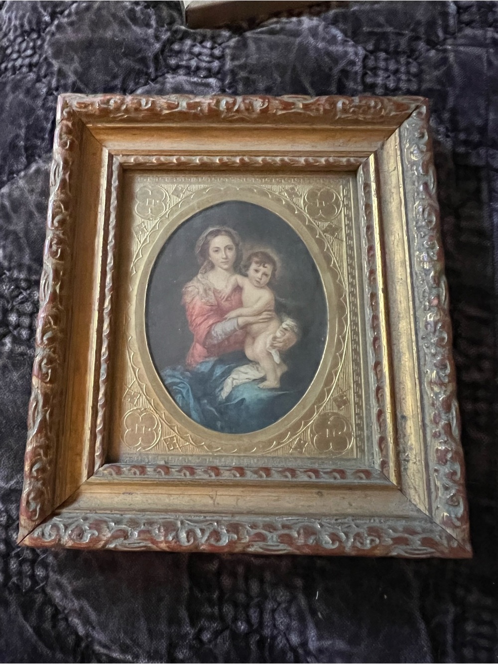 Vintage Gold Framed Oval Religious Art Print of Madonna and Child by Murillo